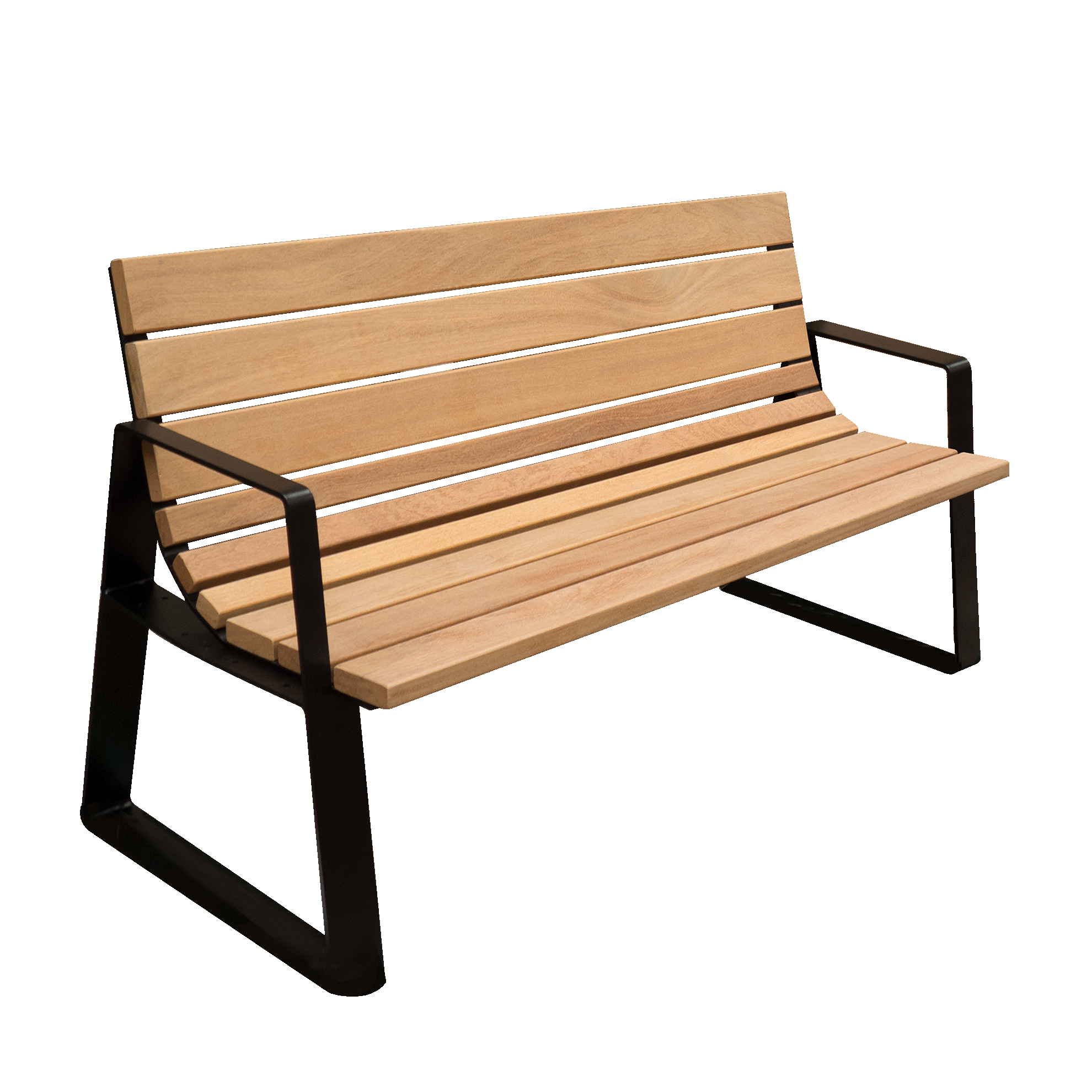 Buitenbank Bellezza met hoekig stalen frame en houten zitting met rug