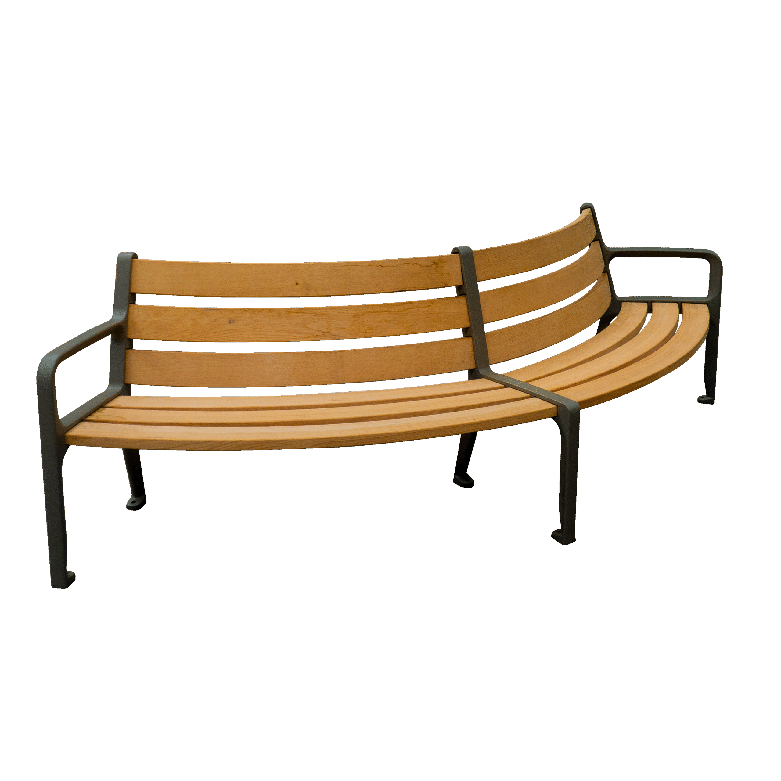 Modulaire rondbank GP Curve met gietaluminium steunen en gebogen houten latten
