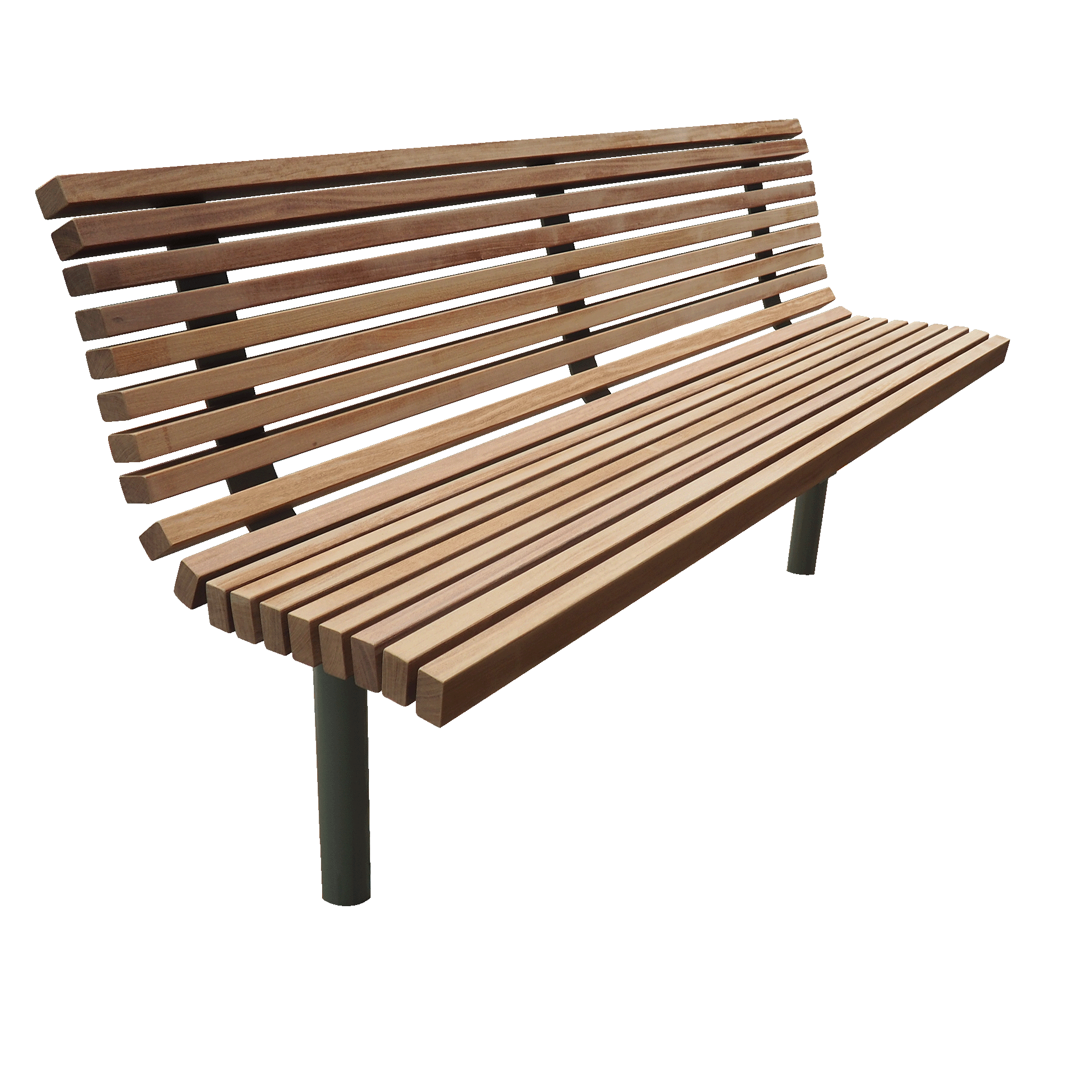 Parkbank HWX met rugleuning, rond stalen onderstel en houten latten